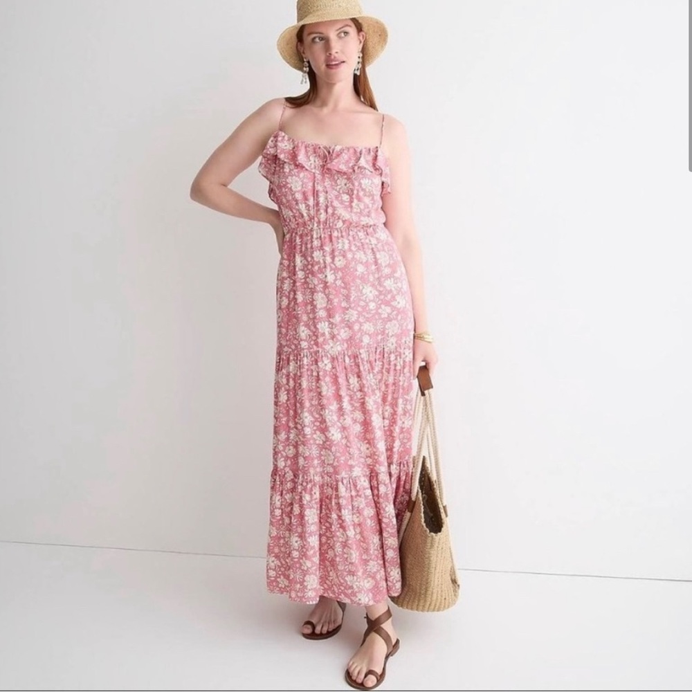 J Crew Tiered Maxi Dress in Pink Dark Flamingo Tossed Floral